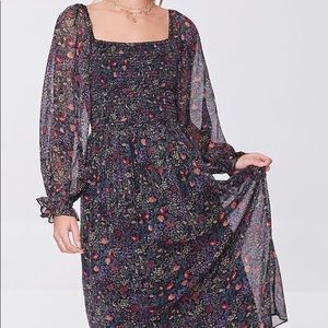 Chiffon floral print peasant sleeve midi dress size L